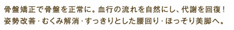 骨盤矯正で骨盤を正常に。血行の流れを自然にし、代謝を回復！姿勢改善・むくみ解消・すっきりとした腰回り・ほっそり美脚へ。